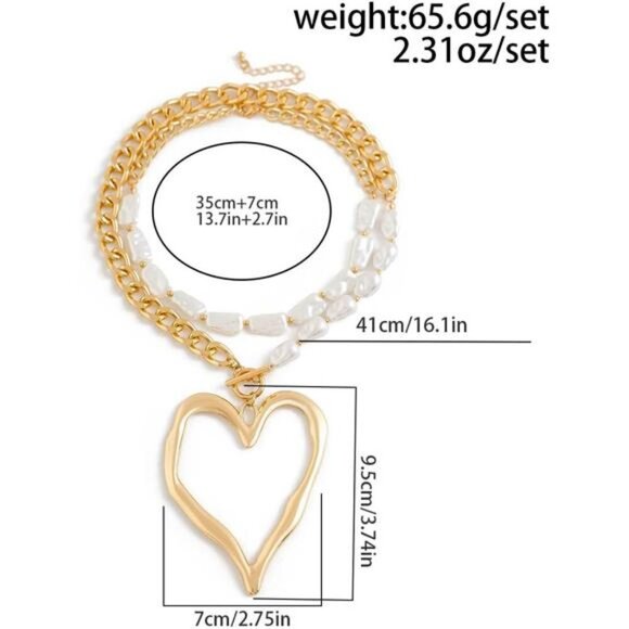 Y2K Chunky Heart Necklace | Big Pearl Choker Layered Set - Picture 6 of 6
